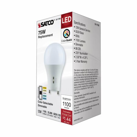 Satco 12 Watt A19 LED - Bi Pin GU24 Base - CCT Selectable - 120 Volt - White Finish S11795